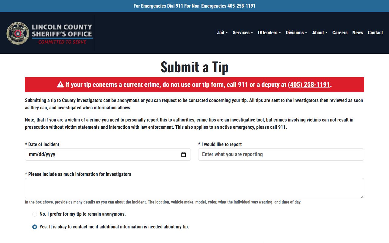 Lincoln County arrest records crime tip submission page