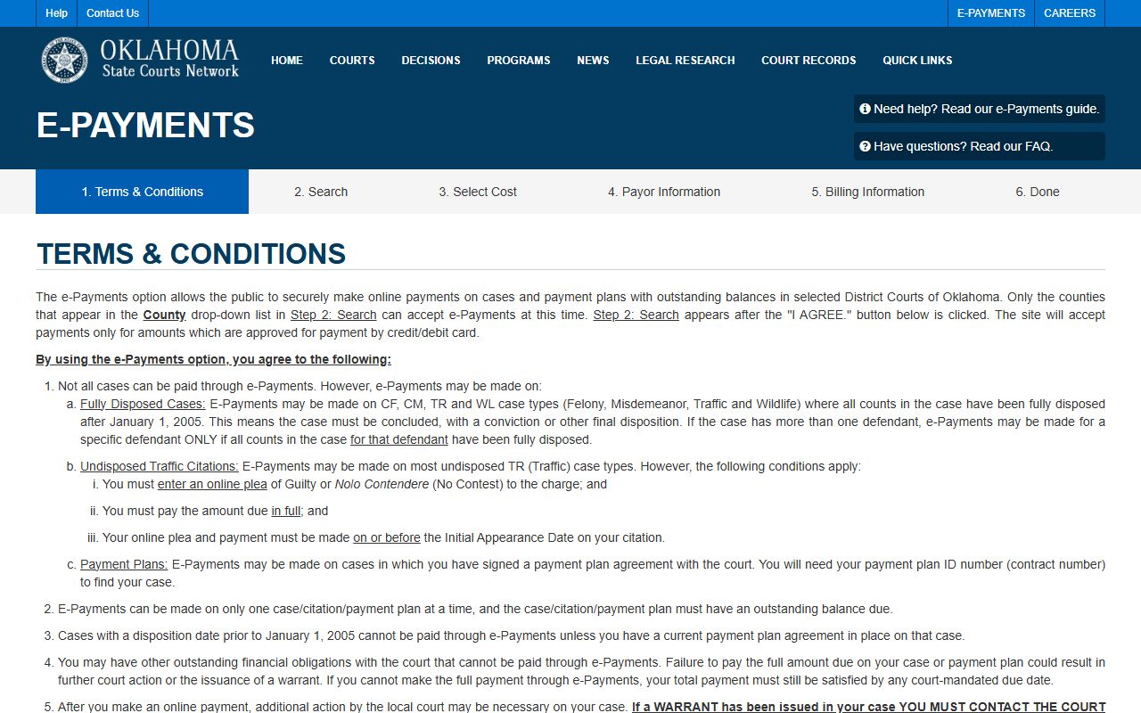 Lincoln County court dockets e-payment search on the Oklahoma courts portal