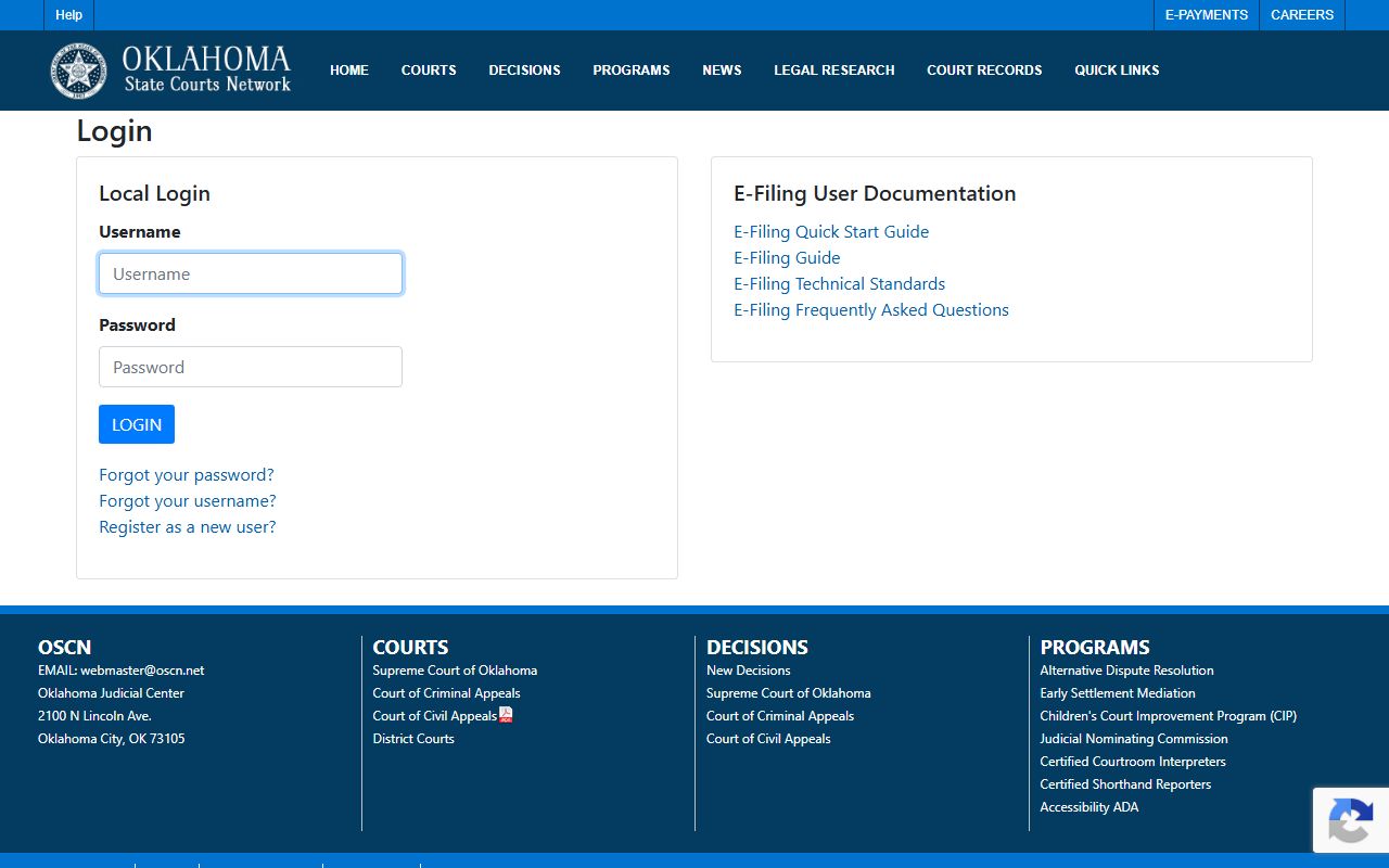 Lincoln County court records e-filing login on the Oklahoma OSCN portal