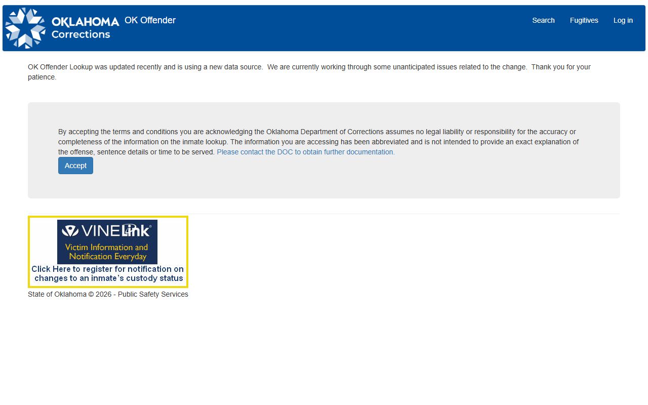 Lincoln County criminal court records Oklahoma DOC offender lookup warning screen