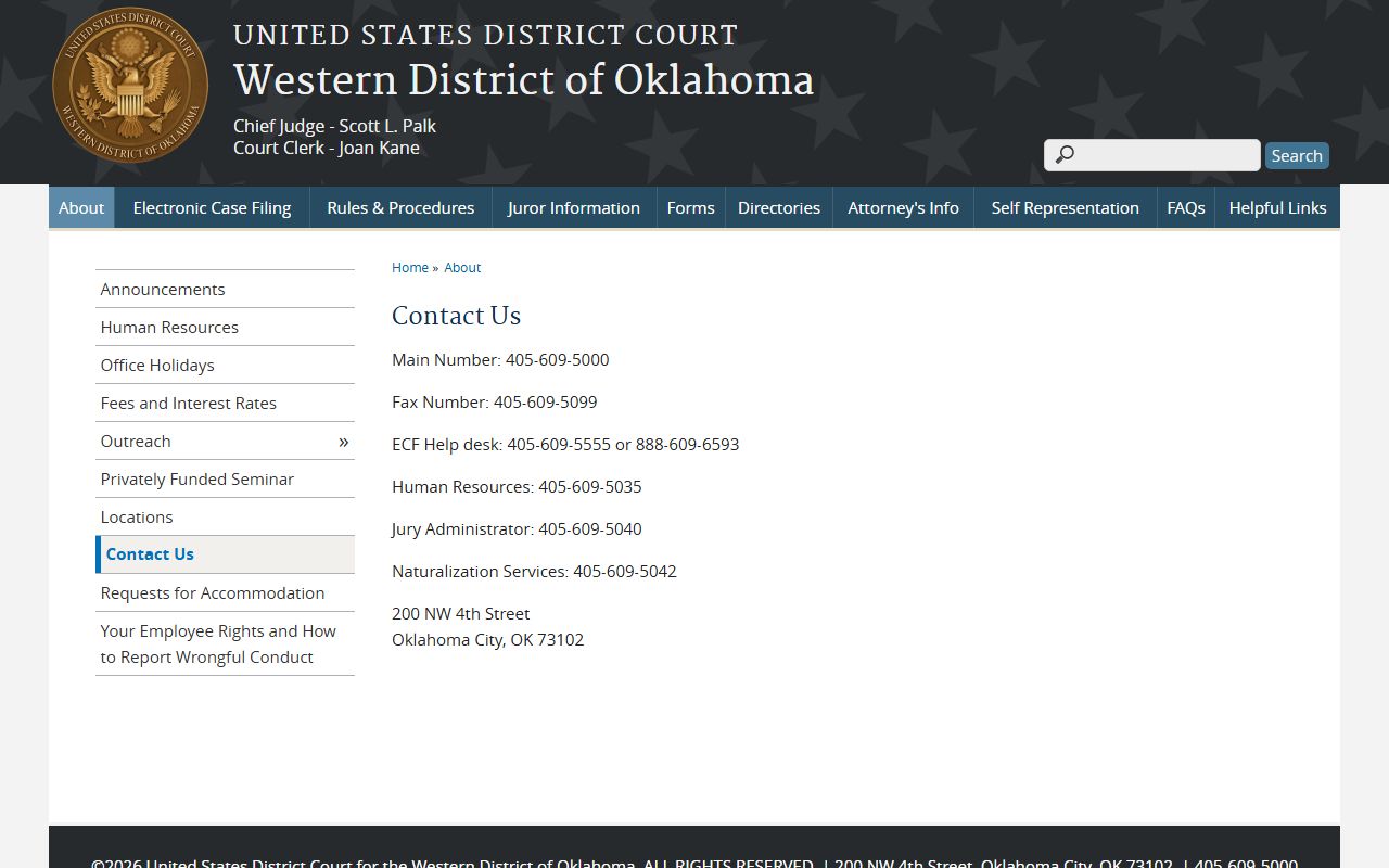 Lincoln County District Court federal contact information on the Western District of Oklahoma page