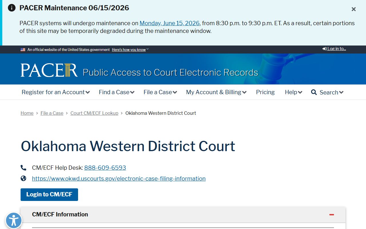 Lincoln County District Court federal docket lookup through PACER CM/ECF for the Western District of Oklahoma