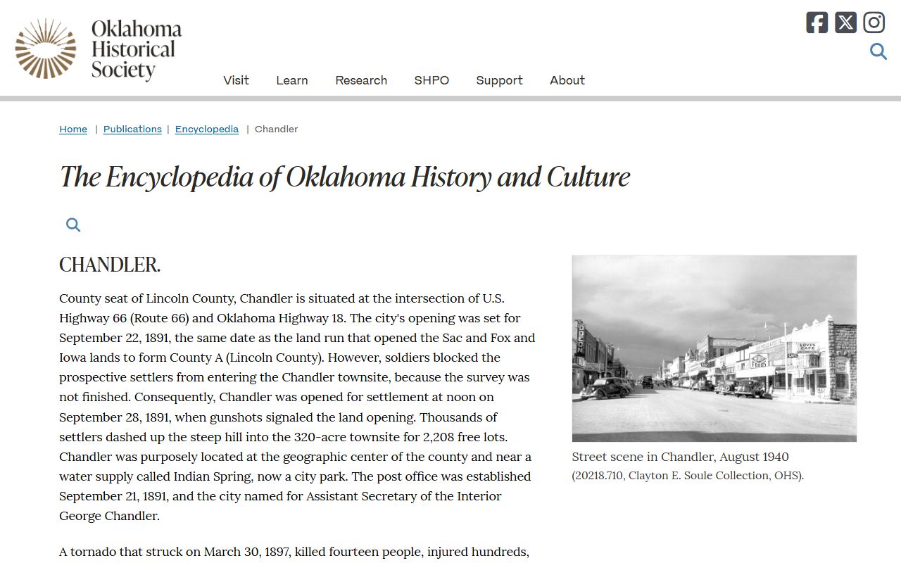 Oklahoma Historical Society entry for Chandler and Lincoln County court records