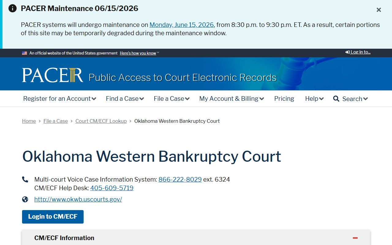 Lincoln County probate records guide to the PACER CM/ECF lookup for the Oklahoma bankruptcy court