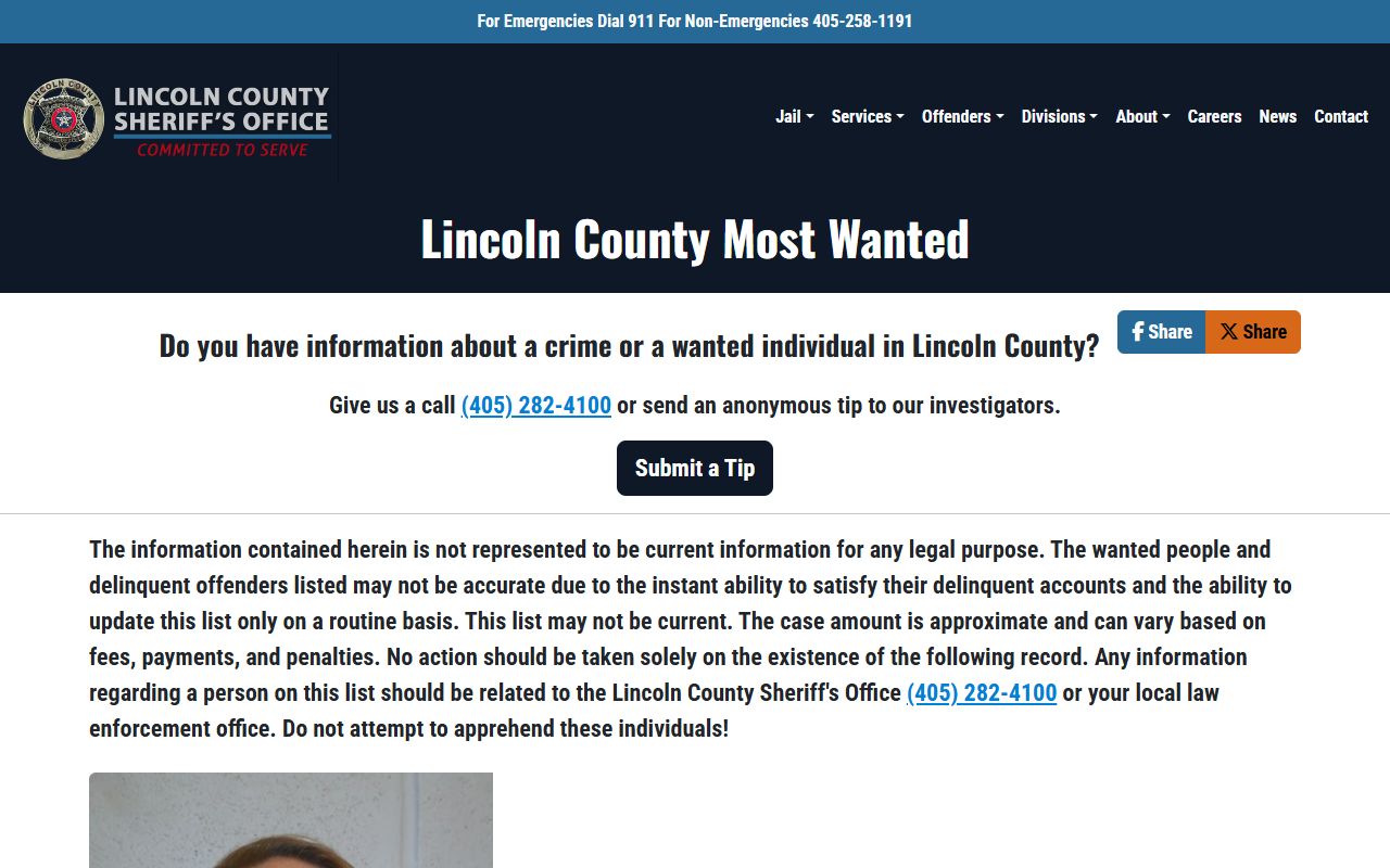Lincoln County warrant Most Wanted disclaimer page